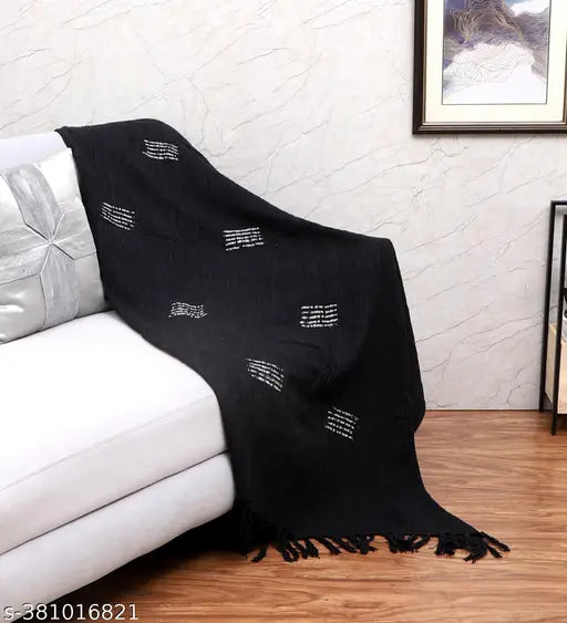 Black cotton patterned throw blanket, 50 x 60 inches