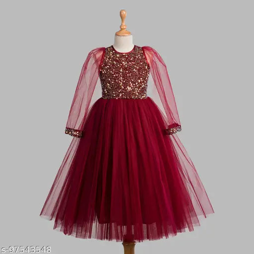 Maroon net party dress for girls (1-2 years), embellished toy balloon design from India