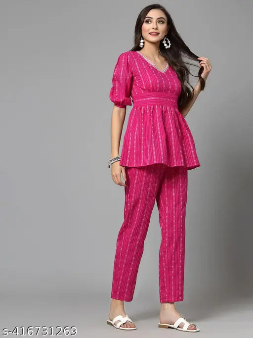 Rajasthani printed cotton cord set for women (top & bottom), featuring long sleeves and vibrant Indian folk art design