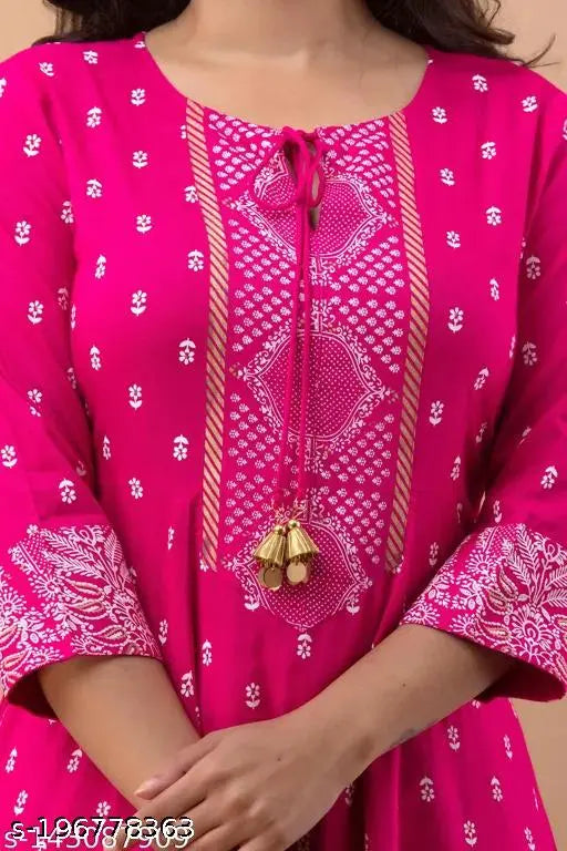 Women's rayon printed Anarkali kurti with palazzo, three-quarter sleeves, vibrant Indian fashion on display