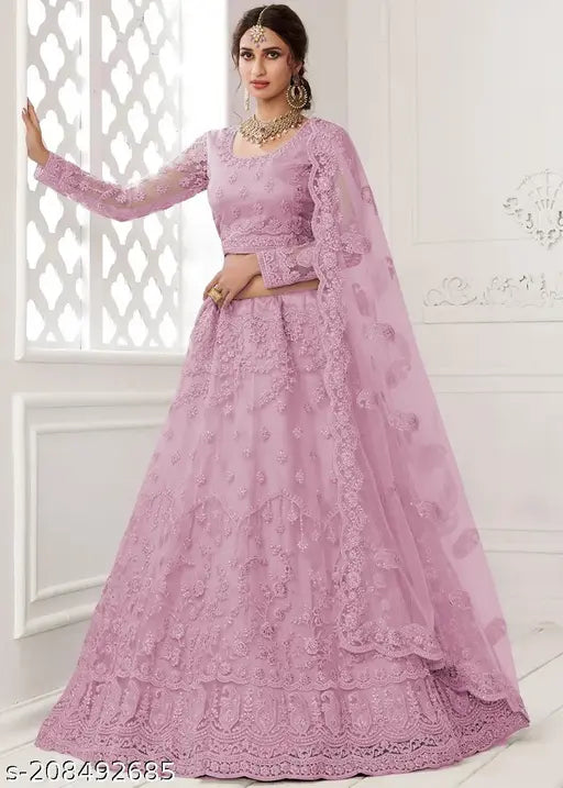 Embroidered net semi-stitched Lehenga Choli and dupatta set, Indian traditional wear for functions, festivals, parties, or weddings