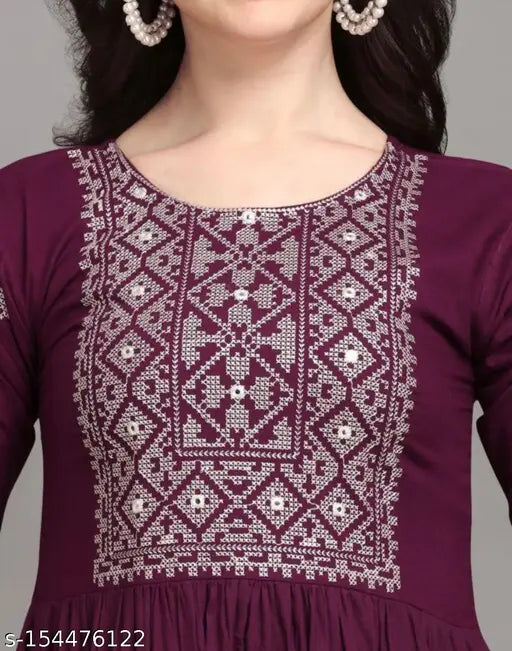 Florence embroidered rayon Anarkali kurti, three-quarter sleeve, intricate Indian embroidery on red rayon fabric