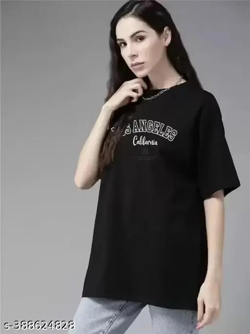 Womens black printed round neck half oversize casual t-shirt