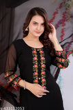 Black and pink printed women's kurta, long sleeves, black bottom
