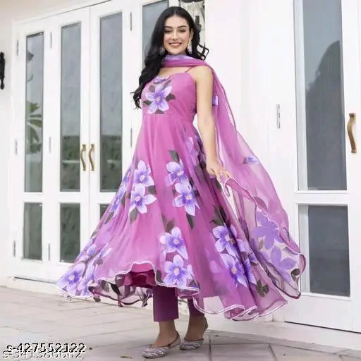 Georgette jasmine flower print sleeveless kurta for women, Indian ethnic wear for sizes S-7XL