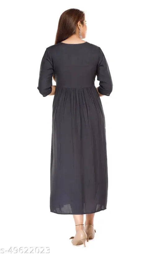 Grey rayon embroidered anarkali kurti, gathered waist, sleeveless design, knee-length, regular fit