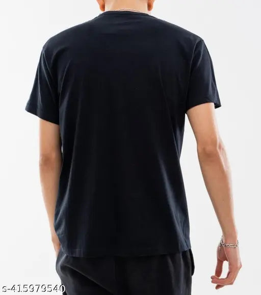 Men's black round neck polyester t-shirts - solid design, short sleeves, sizes S-XL