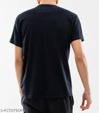 Men's black round neck polyester t-shirts - solid design, short sleeves, sizes S-XL