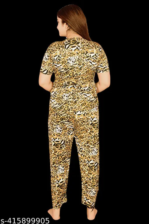 Silk blend 3-piece women's night suit set, featuring printed t-shirt and trouser with short sleeves, soft fabric for comfort and quality. Ideal for travel, sport, or gift items. Indian origin, affordable price