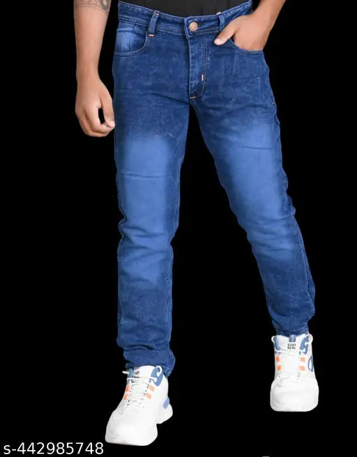 Stylish cotton-blend blue jeans for men, dyed/washed - size 28 (waist 28in, length 38in, hip 38in) on display
