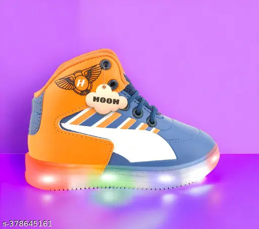 Orange and blue sneaker with illuminated sole, featuring a distinctive light-up design