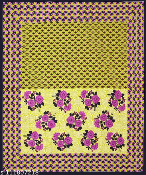 Yellow jaipuri printed cotton bedsheet with purple floral design, premium quality.