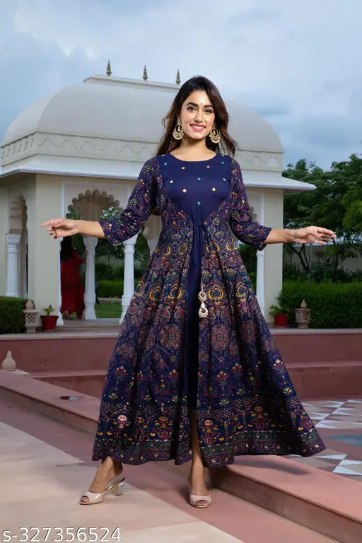 Blue rayon embroidered Anarkali kurta with three-quarter sleeves, printed combo, front slit design for festive occasions