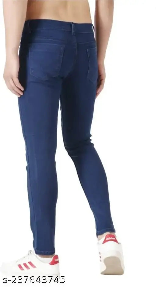 Dark blue stretchable denim men's slim fit jeans, solid print, high-quality fabric, mid-rise, 5-pocket design, excellent finishing