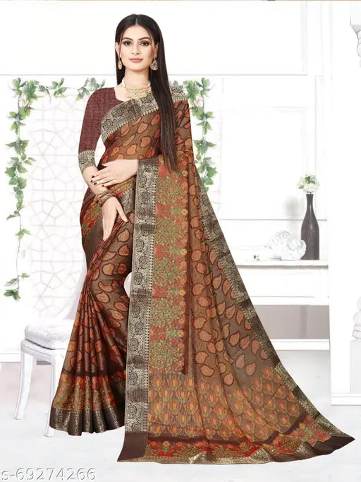 Elegant Brasso coffee-toned chiffon saree with separate dupion silk blouse, dusty print and lace border, new 2023 collection for women's parties or weddings