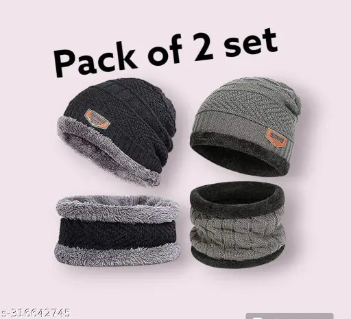 Black and grey knit caps with earflaps; 2 sets in pack