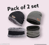 Black and grey knit caps with earflaps; 2 sets in pack