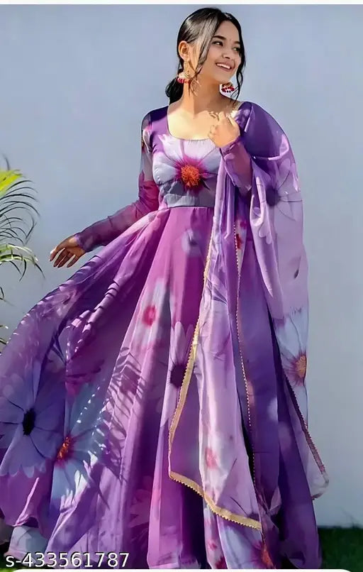 Purple Georgette printed long-sleeve kurti with dupatta, formal partywear for women and girls, India origin