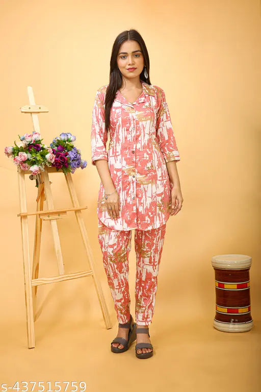 Premium polyester coord set for women, short-sleeved, Indian origin