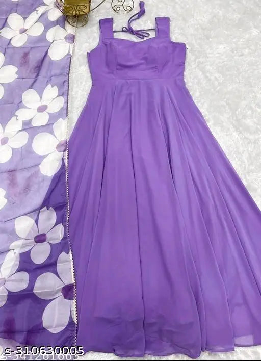 Lavender gown, flowing chiffon fabric, spaghetti straps, elegant maxi dress.