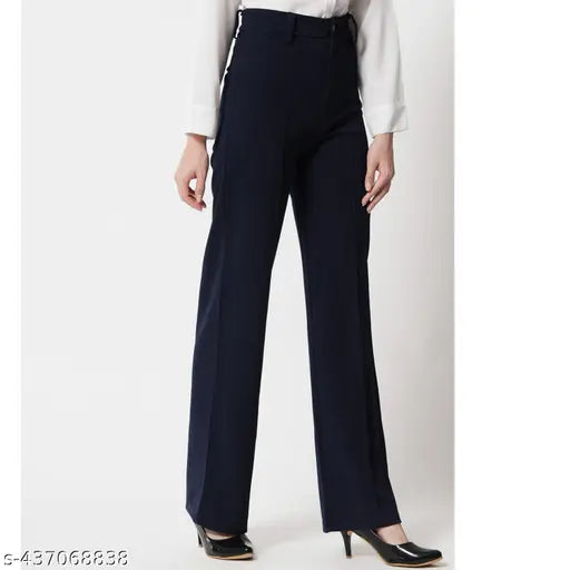 Navy blue cropped women's trousers, belted waist, pointed toe