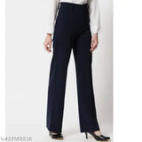 Navy blue cropped women's trousers, belted waist, pointed toe