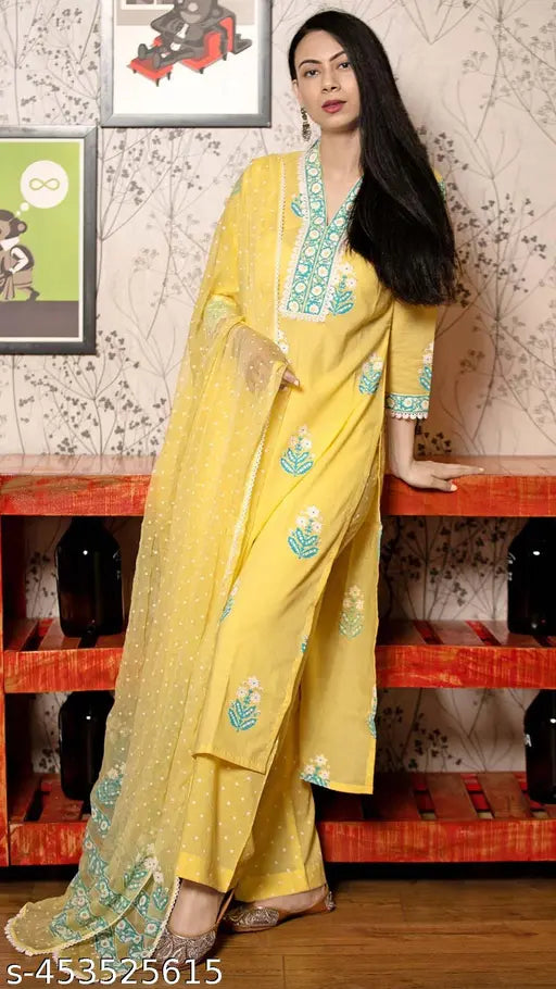 Shri Ram Women's Cotton Blend Straight Printed Kurta Set with chiffon sleeves and palazzos bottomwear, printed net pattern, various sizes available