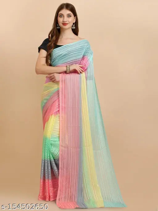 A multicolor rainbow saree with a vibrant print, designed for festive occasions