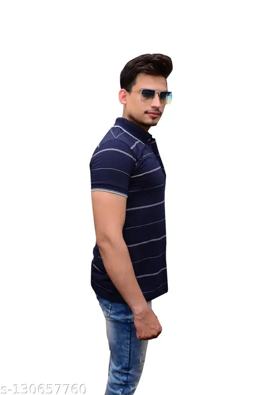 Blue cotton striped polo t-shirts pack 2, durable men's summerwear for casual or formal occasions