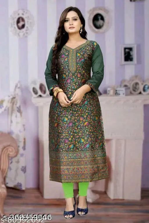 Designer stitched womens kurta with colorful floral embroidery, green paisley print