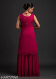 Pink embellished georgette kurta set with dupatta. Saree-style sharara. Decize women's traditional attire. Includes top and dupatta