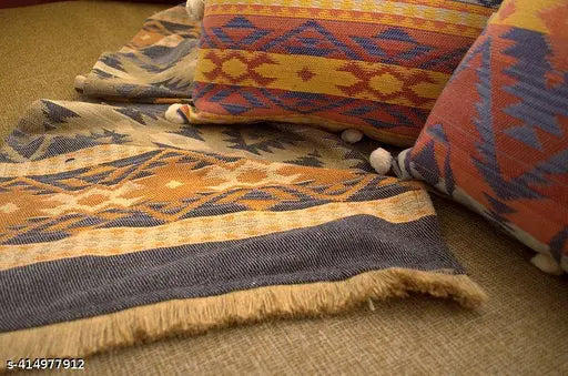 Handcrafted beige-brown cotton sofa throw, abstract print, KRI rug, Indian origin, home decor accessory
