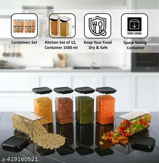 A set of eight clear plastic airtight unbreakable kitchen jars and containers, 1500 ml each, for storage