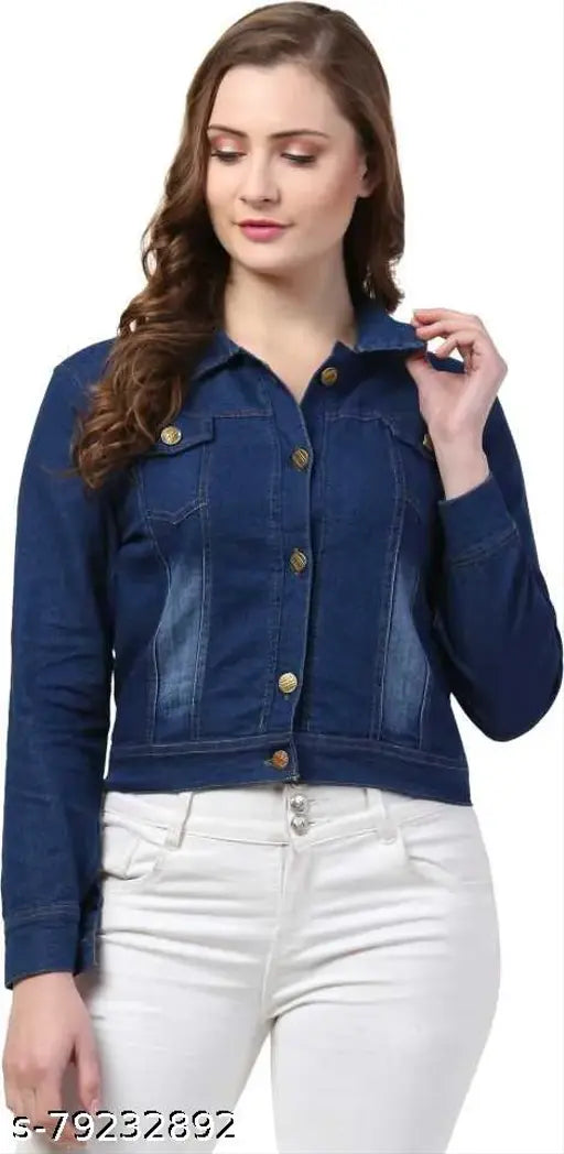 Dark blue denim women's long-sleeved jacket, solid pattern, sizes S-XL, made in India