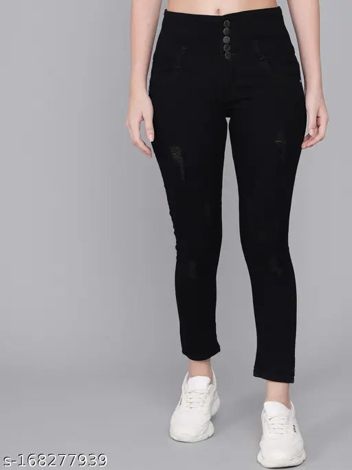 5 Button Stretchable Ankle Length Slim Women Black Jeans