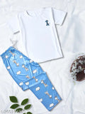 Giraffe print polycotton t-shirt, silk blend pajamas and shorts set for luxury nightwear with drawstring elastic waistband, India