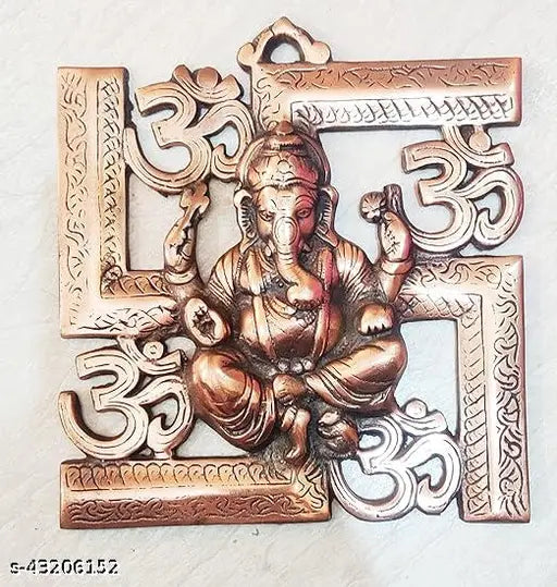 Copper Swastik Lord Ganesha Om wall hanging decorative showpiece, 20cm, for Diwali home decoration and spiritual gifts