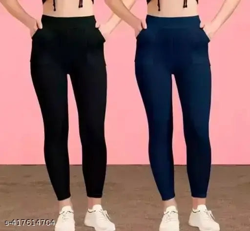 Stylish cotton blend jeggings pack of 2, solid color, comfortable sport wear for women