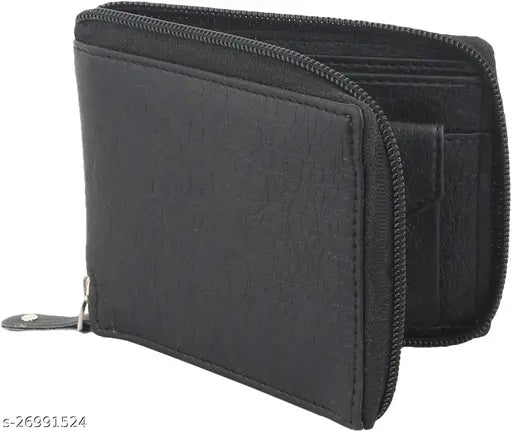 Trendy men's black round zipper faux leather wallet, solid construction for better organization and a style statement (free size: 10cm x 11cm)