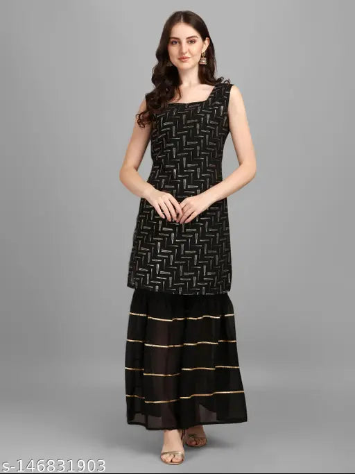 Black and gold patterned sleeveless kameez, knee-length, with long skirt