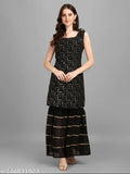 Black and gold patterned sleeveless kameez, knee-length, with long skirt