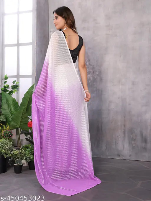 Lavender Georgette Ready-to-Wear Saree with Zari weaving, Indian-made in free size (length 5.5m, blouse 0.8m), cotton blend running blouse