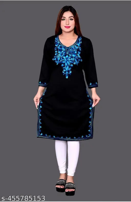 Woolen embroidered kurta in solid combo, three-quarter sleeves, S-XXL sizes available. Beautiful Indian aari work for casual and party wear