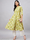 Wine red women's kurta with yellow floral print, front slit, knee-length
