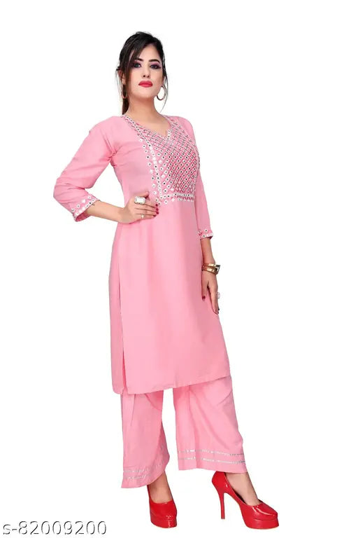 Embroidered rayon mirror work kurta with palazzos, traditional Indian women's fashion set, country of origin: India