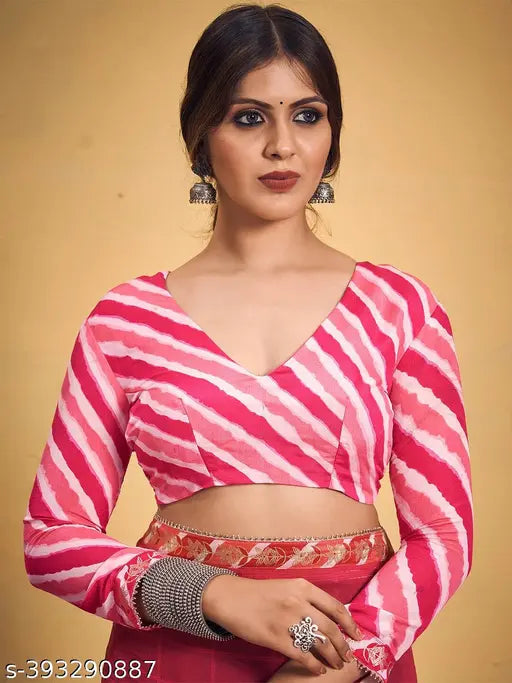 Pink and white striped sari, sleeveless blouse with embellished neckline