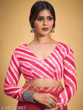 Pink and white striped sari, sleeveless blouse with embellished neckline