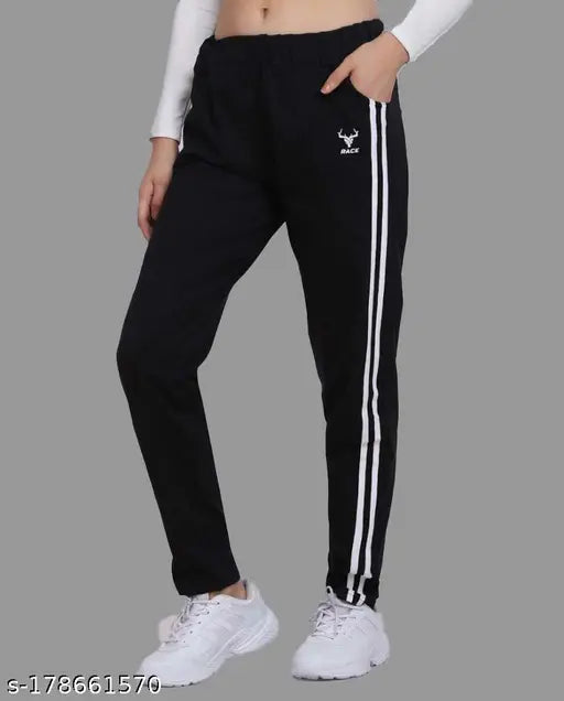 Black lowercase women's casual joggers with a white stripe design, featuring an elastic waistband and drawstring closure
