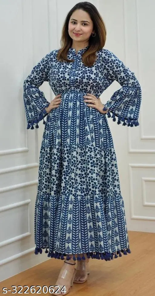 Anarkali bell sleeve pom pom work kurta, blue paisley print, long traditional Indian attire, fitted waist, elbow-length sleeves, knee-length skirt