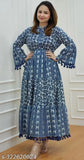 Anarkali bell sleeve pom pom work kurta, blue paisley print, long traditional Indian attire, fitted waist, elbow-length sleeves, knee-length skirt